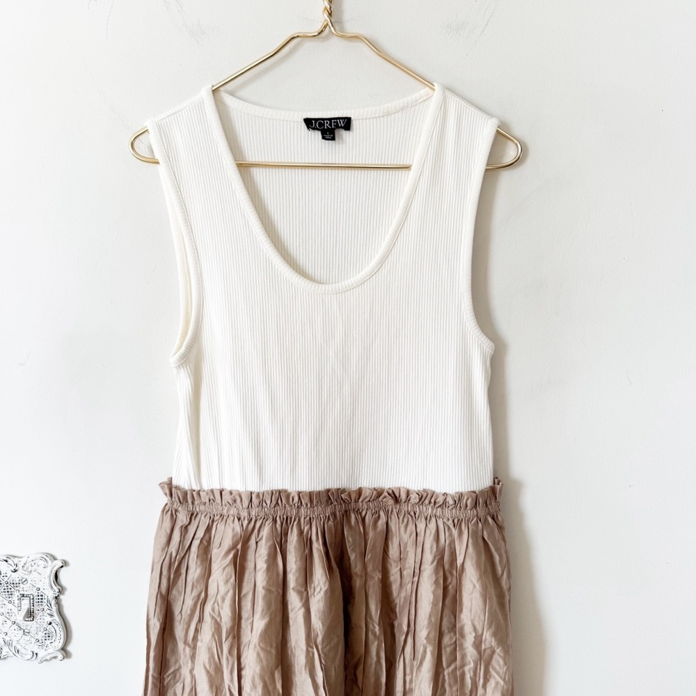 NWOT J. Crew Mixy Gathered Crinkle Dress Ribbed Tank Twofer Dress L Neutral - Picture 5 of 7